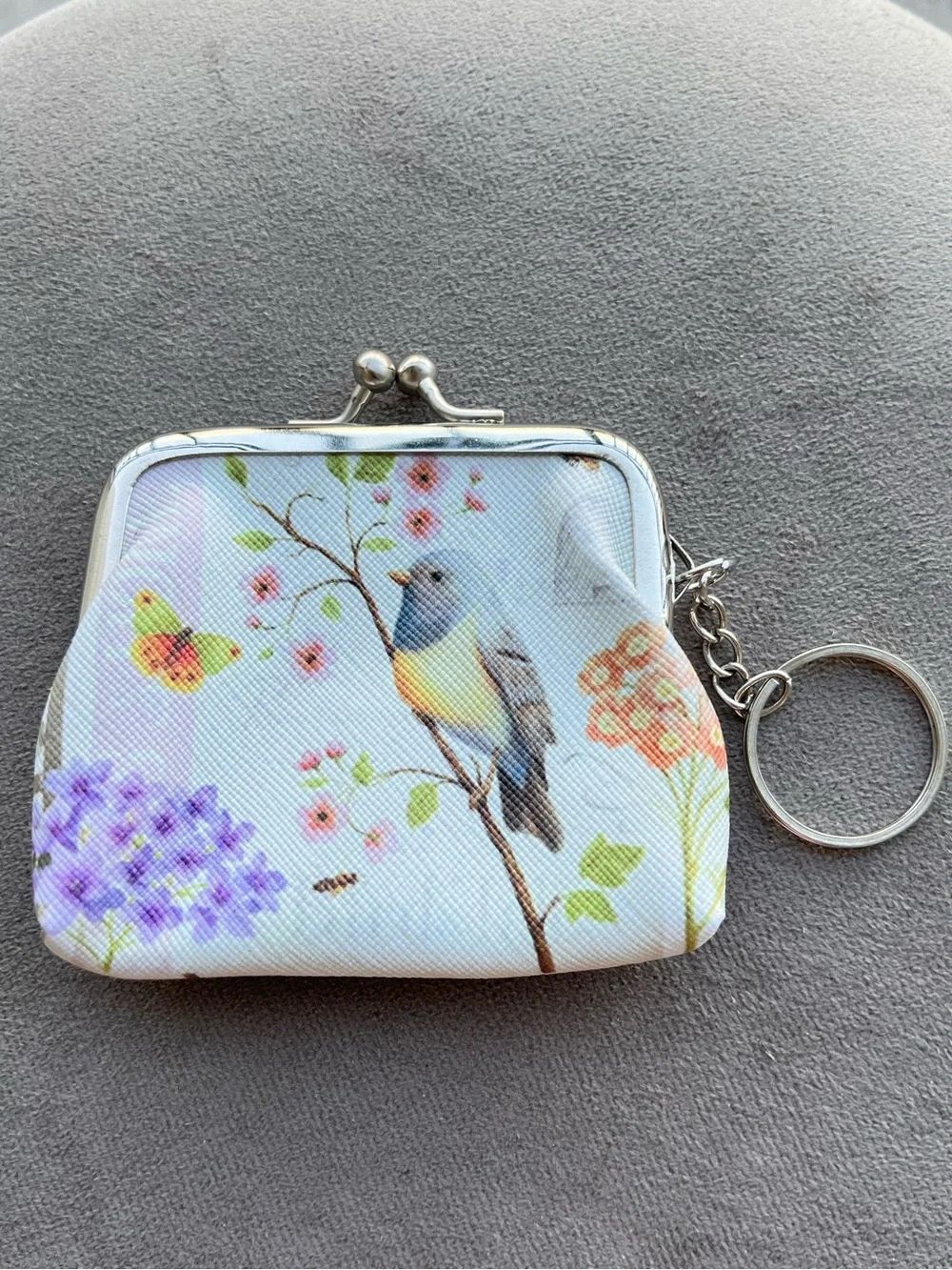 Yellow Floral Bird White Coin Purse Keychain